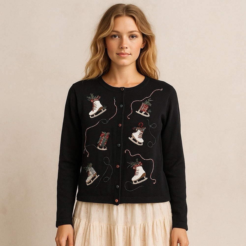 Vintage Christmas Cardigan Black Holiday Sweater Women's L Embroidered Ice Skate